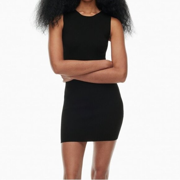 Aritzia TNA Women's Size Small Black Ribbed Mini Tank Bodycon Cotton Blend Dress - Picture 1 of 12